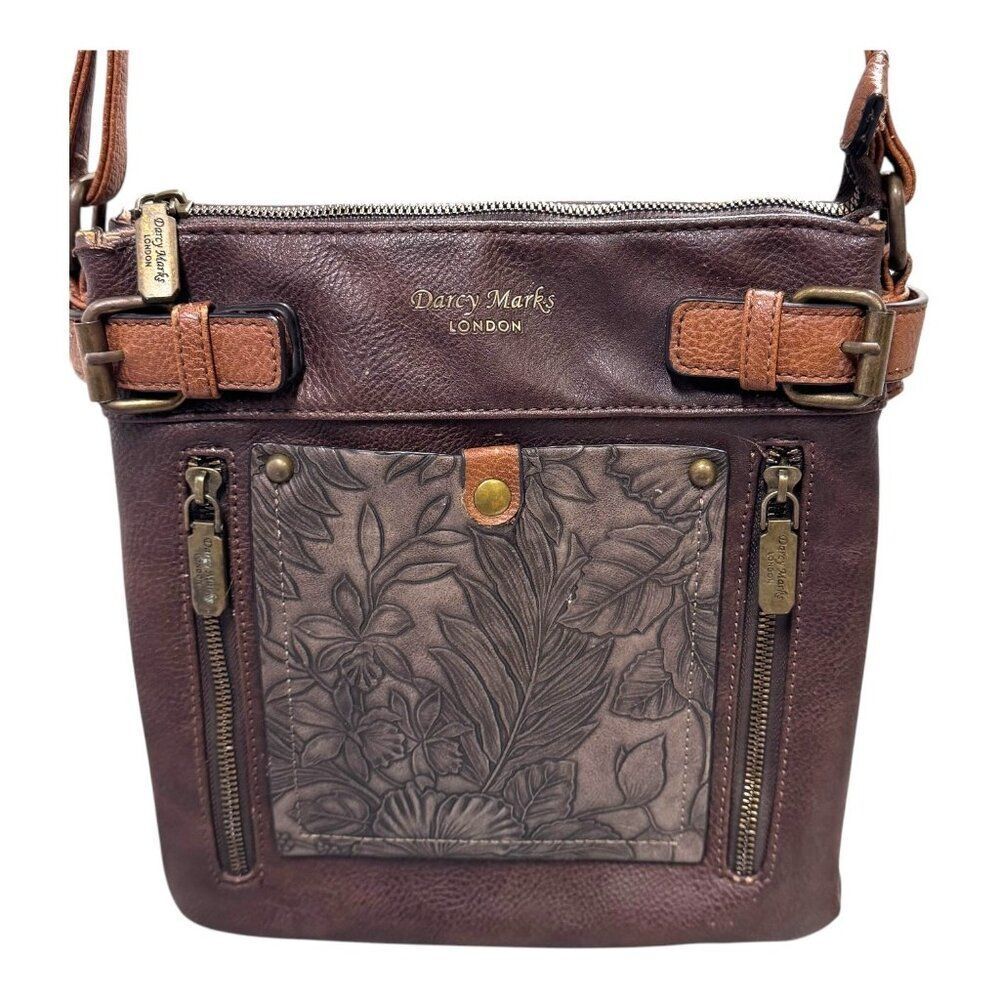Darcy Marks London Floral Embossed Brown Leather Crossbody Bag Adjustable READ